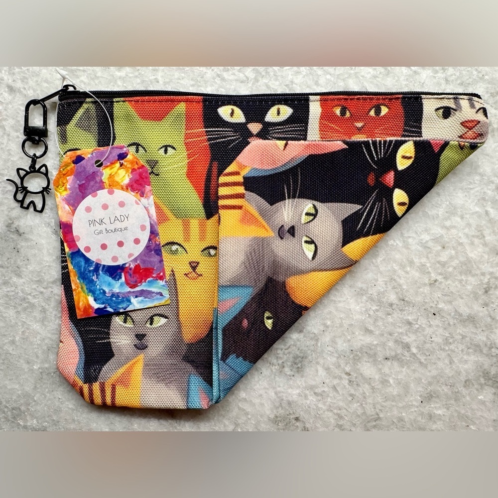 New Colorful Cats Makeup Tech Pencil Zippered Pouch Bag w/ Cat Charm - 9” - Picture 6 of 7